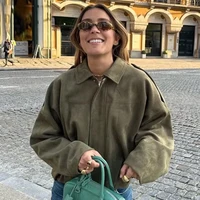 HXAO Women's Bomber Jacket Lapel Long Sleeve Zipper Suede Jacket Women 2025 High Street Cropped Racing Jackets Coats Outerwears - Image 3