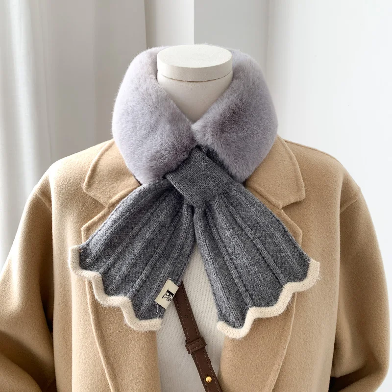 Korean Solid Color Faux Rabbit Fur Collar Cross Thicken Plush Scarf Female Winter Outdoor Wool Knit Neck Protect Warm Shawl T15