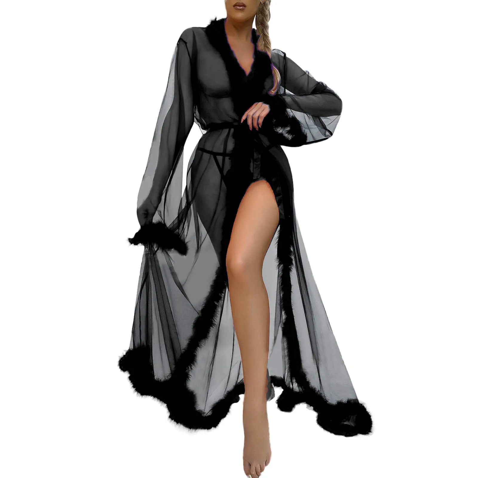 Women Sleepwear Bride Robes Silk Robe Sleepwear Pajamas Mesh Sheer Long Kimono Robe Sexy Women Transparent Lingerie Furry Bathrobe Nightgown Lace Plus Size Bridal Sleepwear Fur Dress