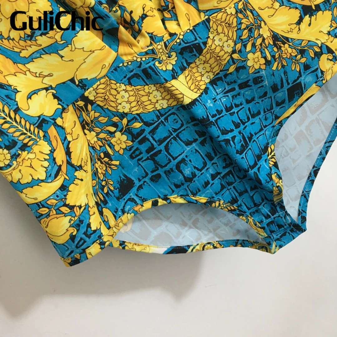 11.2 GuliChic 악어 패턴 여성 바디수트, 빈티지 프린트, V넥 긴팔