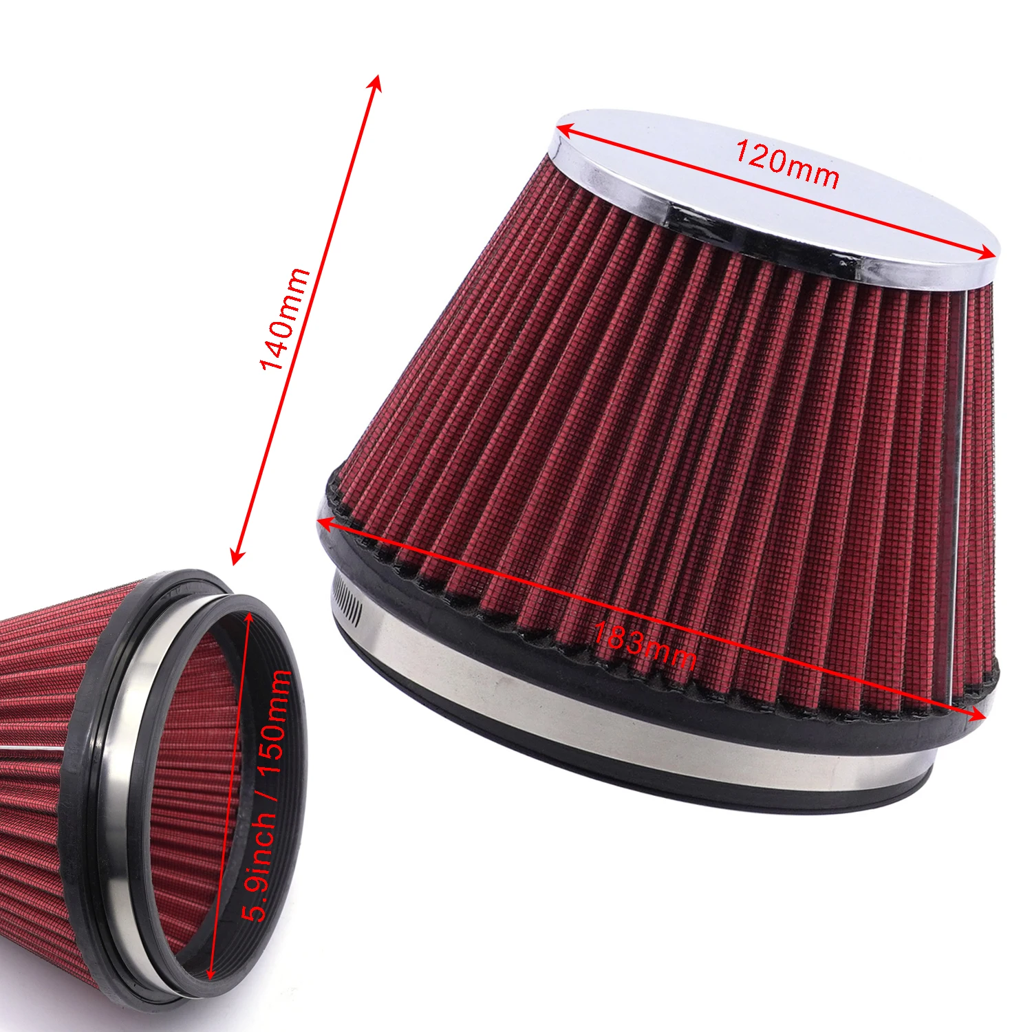MUGE RACING 6" High Flow Air Intake Filter - Washable Cone Filter, Red, 152mm Inlet, Performance Upgrade - View #4