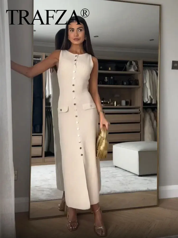 HH Women Elegant Solid Knitted Dress Single Breasted O Neck Sleeveless Dresses With Pockets Slim Midi Dress Office Lady