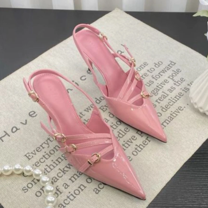 

Women Spring Summer Newest Pink Burgundy Green Brown Black High Heels Gladiator Sandals Narrow Band Belt Buckle Designer Shoes