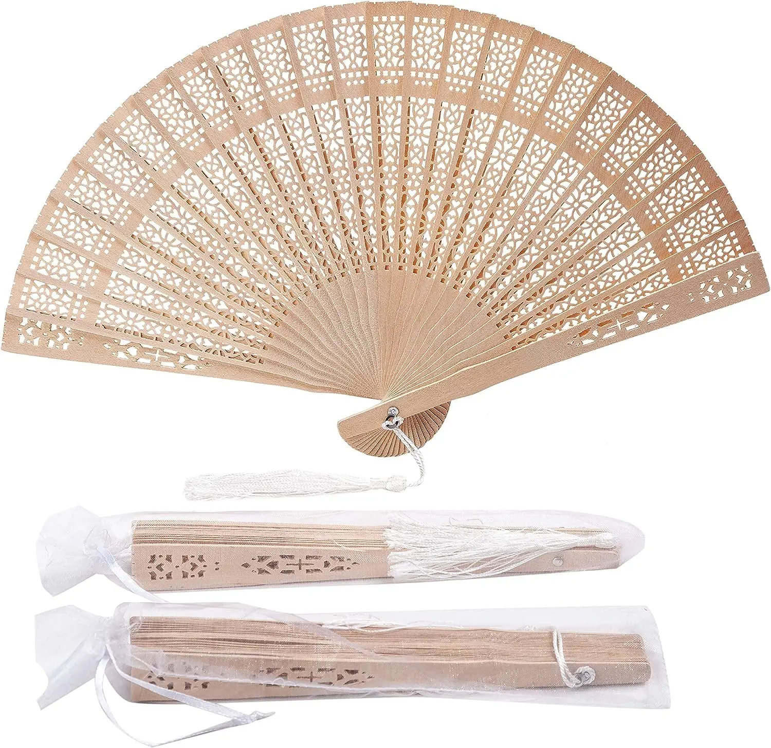 

of 50pcs Sandalwood Fan Baby Shower Gifts Favors with Gift Bags and Tassels Wooden Folding Fan