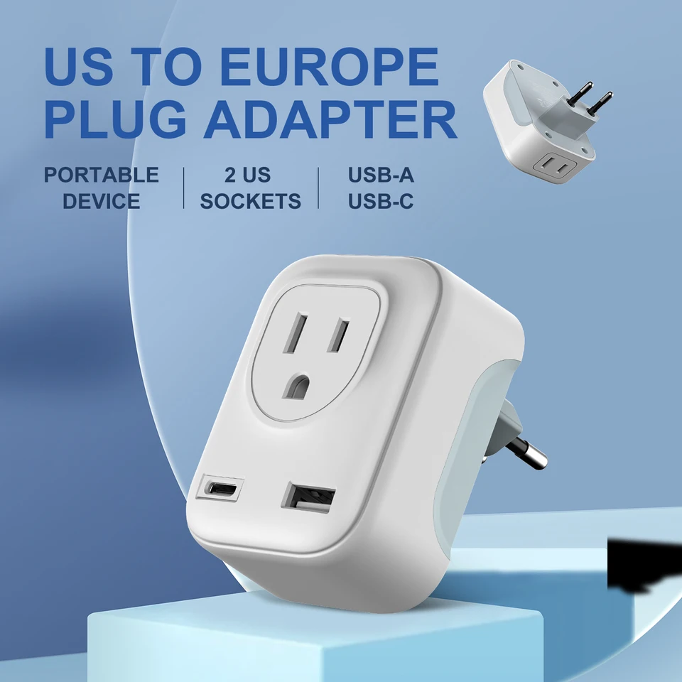 TESSAN European Travel Adapter With 4 Outlets & 3 USB Ports - Type C Plug For Spain, Italy, France, Etc.