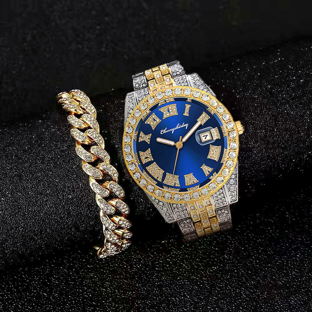2pcs Full Iced Out Watches Men Miami Cuban Bracelet Bling Bling Luxury Watch Jewelry for Men Gold Watch Men Watch Set Clock Gift