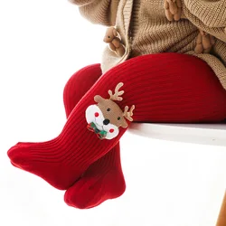 Festive Kids Cartoon Christmas Tights - Soft Cotton Red Leggings for Toddlers and Children (Deer)