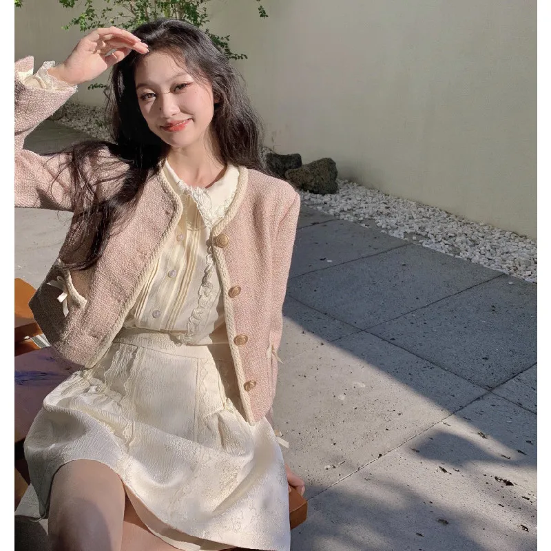 Retro Elegant 3 Piece Suits Sweet Lace Lining Shirt&ampBowknot Short Jacket&ampHigh Waist Mini Skirt New Spring Girl Fashion 3pc |