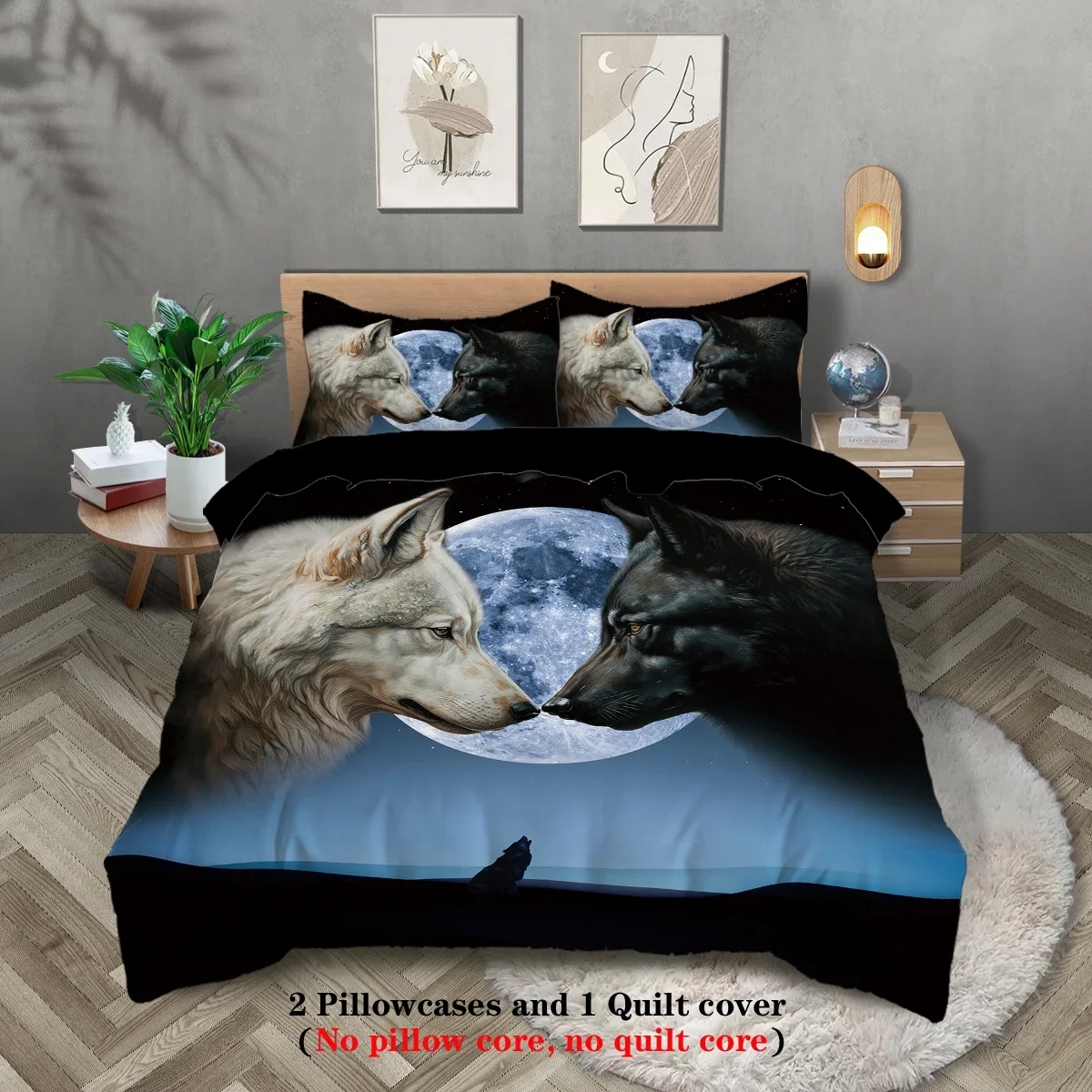 3-piece set, wolf pattern printed bedding set, queen, king, double bed, for bedroom, guestroom, hotel, home decoration