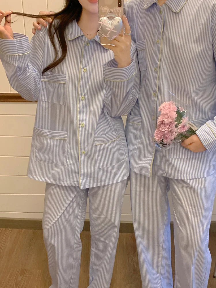 

Striped Loose Casual Simple Solid New Couple Long Sleeve Pajama Set Lovers Home Spring Summer Elegant Comfortable Sleepwear Ins