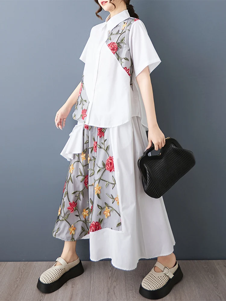 Embroidery Patchwork Summer Casual 2 Two Piece Set Short Sleeve Loose Blouse Women Shirt Top Fashion Clothing Skirt Suit 2025