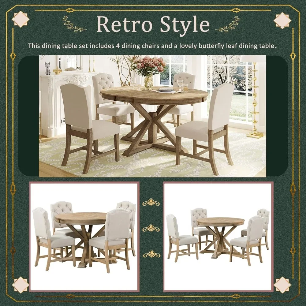Retro Style 5-Piece Round Dining Table Set for 4, Extendable Table with 4 Upholstered Chairs for Dining Room 5