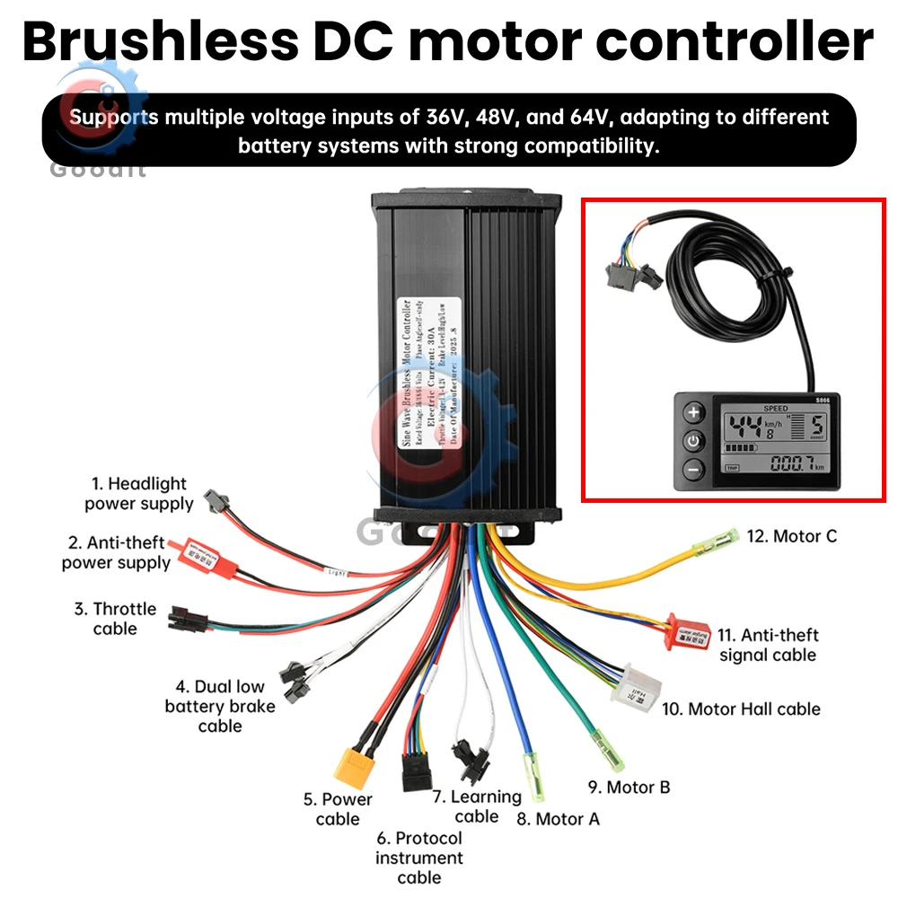 1500W 36V/48V/64V E-Bike Controller Display LCD a onda sinusoidale per S866 SW900 890 V888 Kit motore brushless per scooter Ebike impermeabile - immagine 2