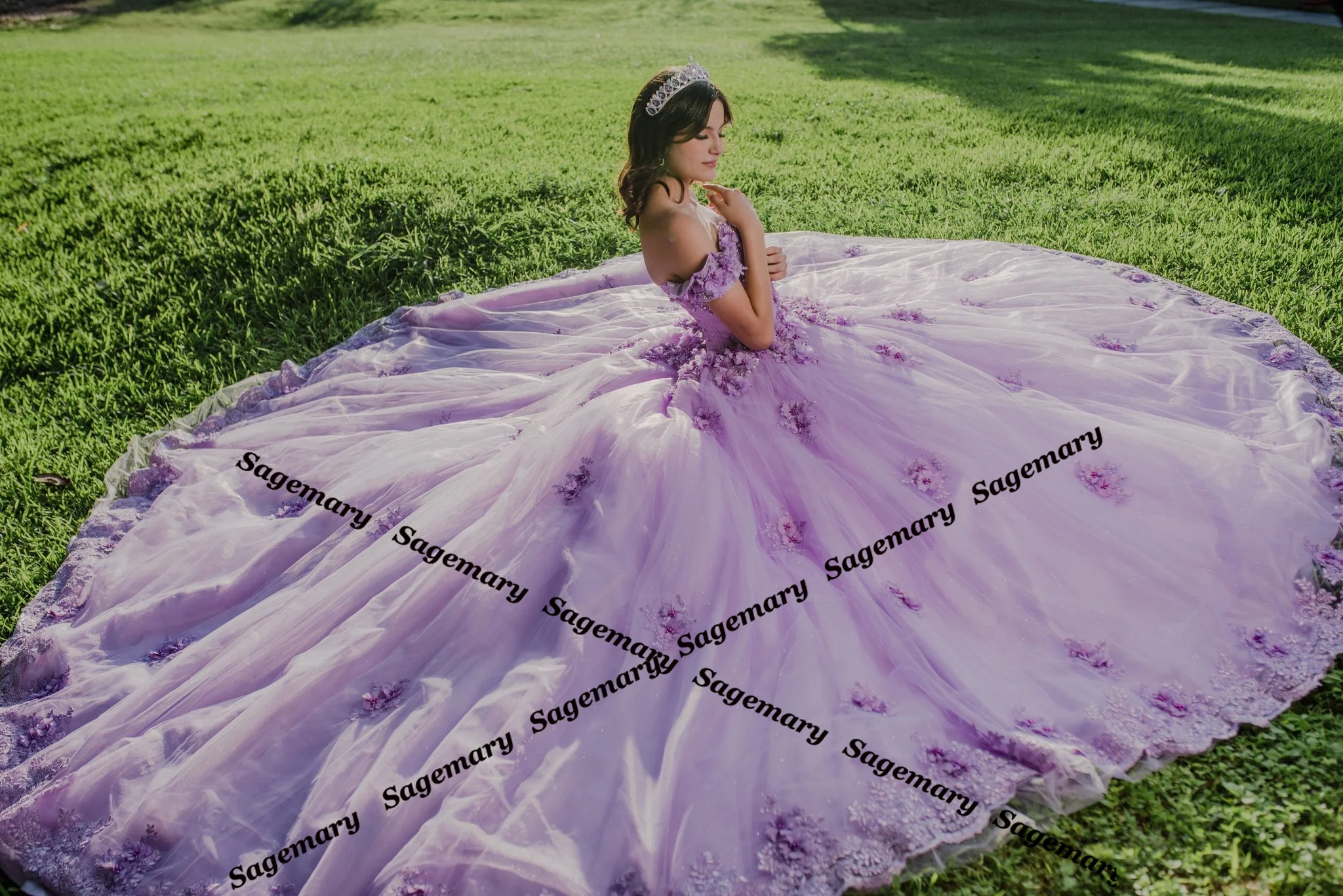 Sagemary Fancy Appliques Quincenera Dresses Tulle Lace Up Ball Gown Off the Shoulder Sweep Train De Fiesta Customised