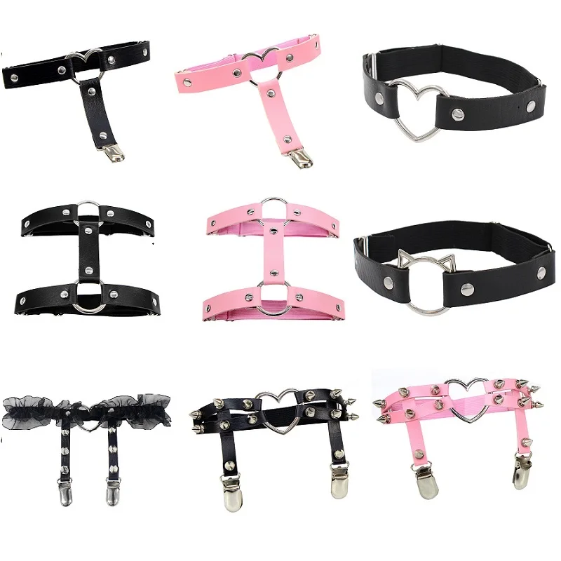 Women Elastic Pu Leather Leg Ring Garter Leglet Lingerie Belt Punk Heart Rivet Spike Thigh Goth Harajuku Harness Stocking Garter