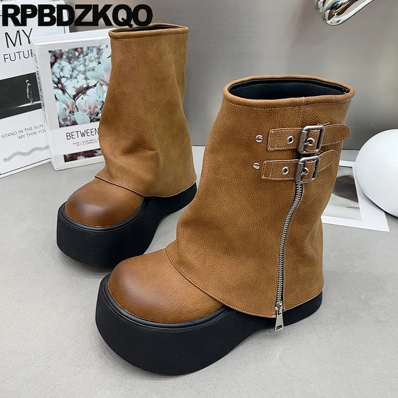 

Boots Cow Leather Y2k Slip On Wedges Platform Rock Shoes Motorcycle Wide Toe Ankle Biker Women High Heels Harajuku Zip Up Belts