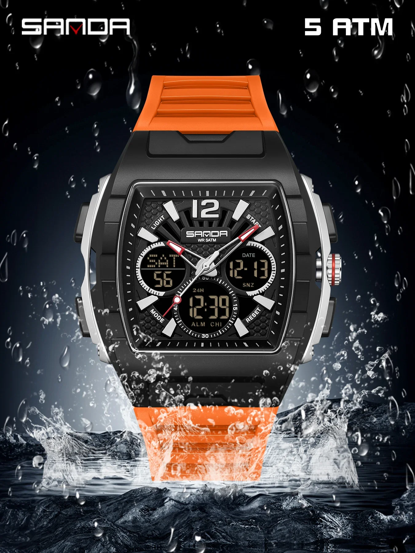 SANDA New Dual Display Watch for Men Sport 5Bar Waterproof LED Luminous Analog Digital Alarm Clock Electronic Quartz Men Watch - 4