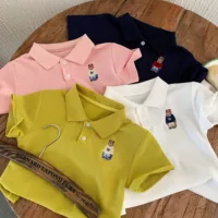 Polo d'été pour enfants, imprimé ours de dessin animé, col bébé, manches courtes, haut unisexe tendance pour garçons et filles 5