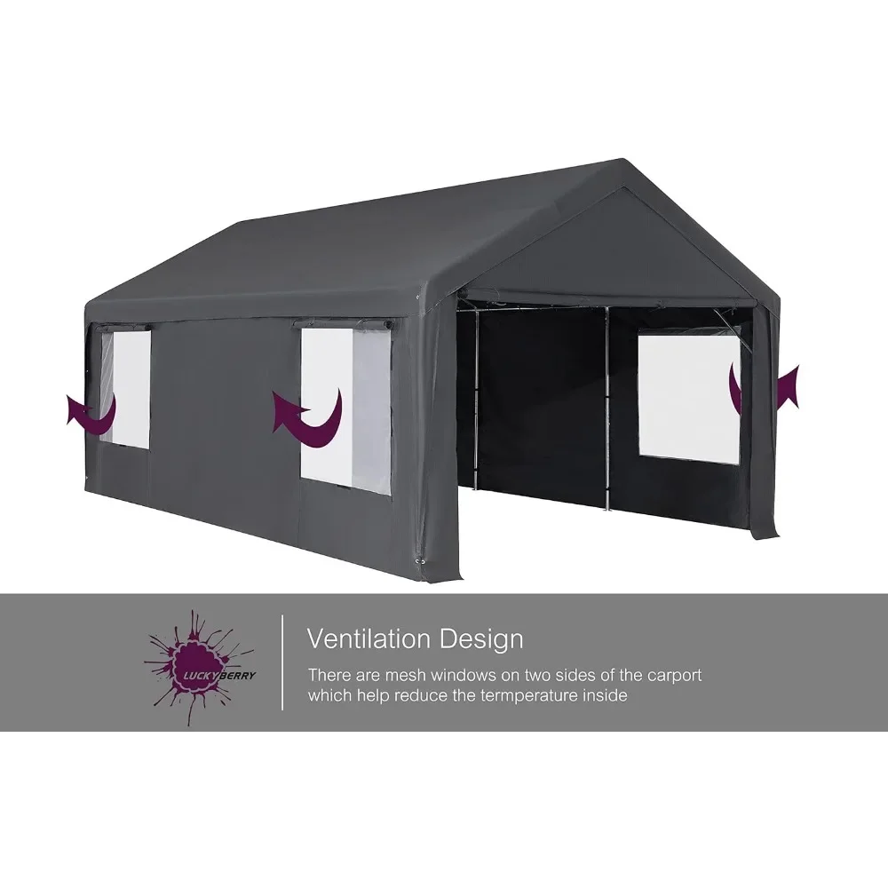 12'x 20' Heavy Duty Carport with Roll-up Ventilated Windows, Portable Garage with Removable Sidewalls & Doors for Car,Truck,Boat