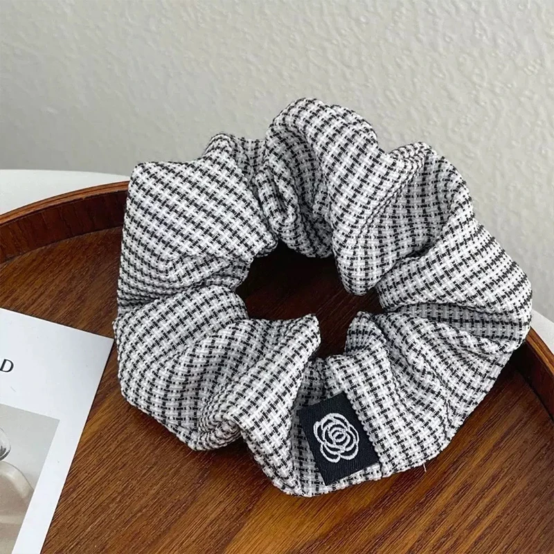 Elegant Camellia Plaid Hair Scrunchie - Retro French Style Accessory