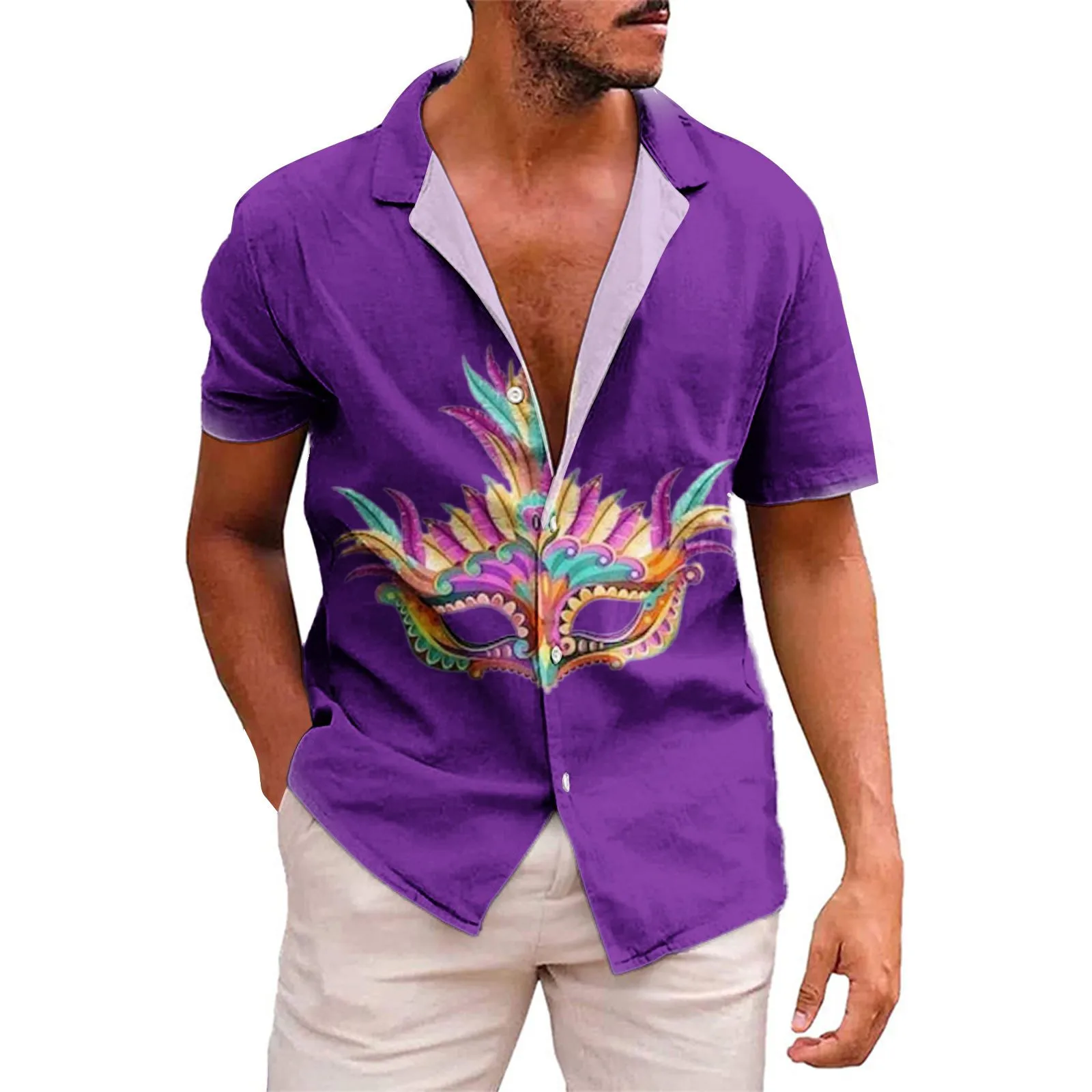 

Men's 3D Carnival Digital Print Personality Casual Lapel Fashion Short Sleeve Shirt European American Style Geometric