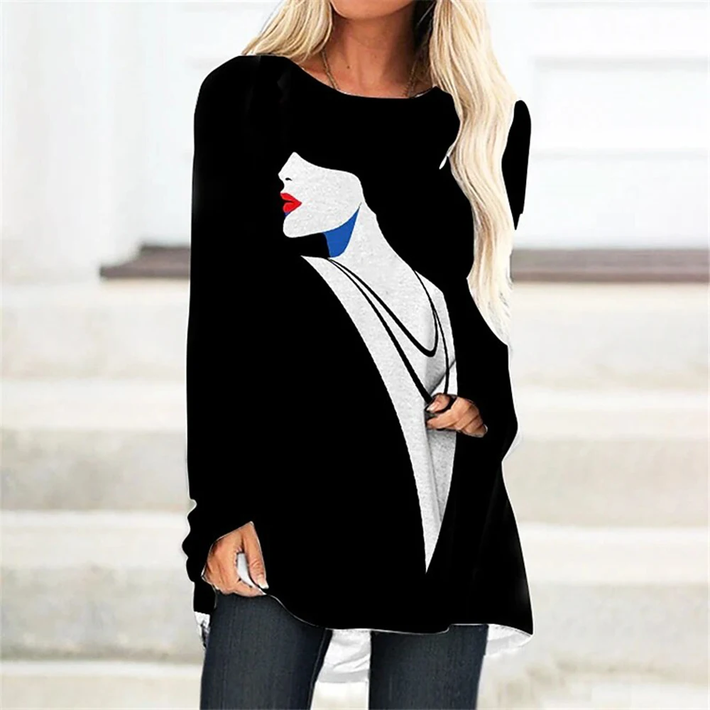 

Women T-shirt Abstract Splice Cartoon Painting Pattern Printing T-shirt Street Dress Long Sleeve Round Neck Plus Size Top S-5XL