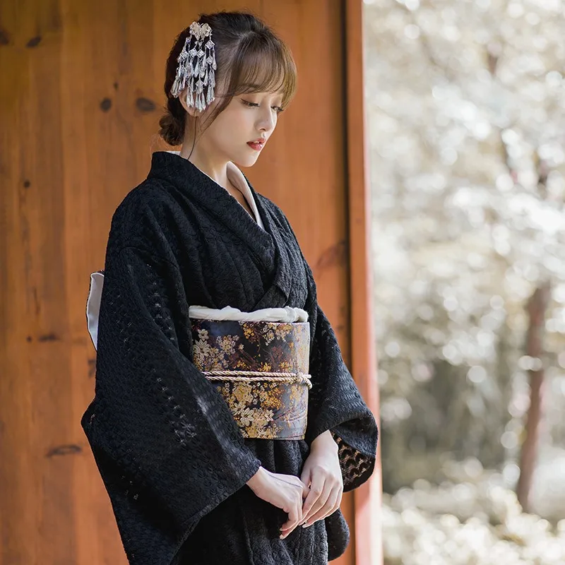 Japanese Style Bathrobe Vintage Dress Kimono Photography Travel Black Lace