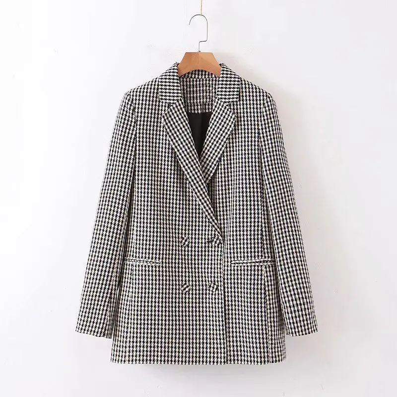 

Solid Color Houndstooth Chic Office Lady Blazers For Women Elegant Stylish Coats Women's Long Sleeve Double Breasted Slim Blazer