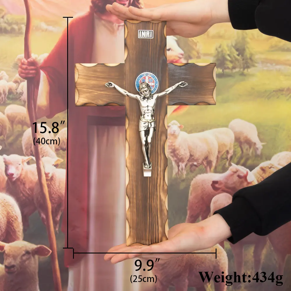 Vintage-Jesus-Kreuz-Figur aus Holz mit Ständer für christliche Heimdekoration, katholisches Kruzifix, religiöses Geschenk, Kirchenaltar-Ornament – Detail 1