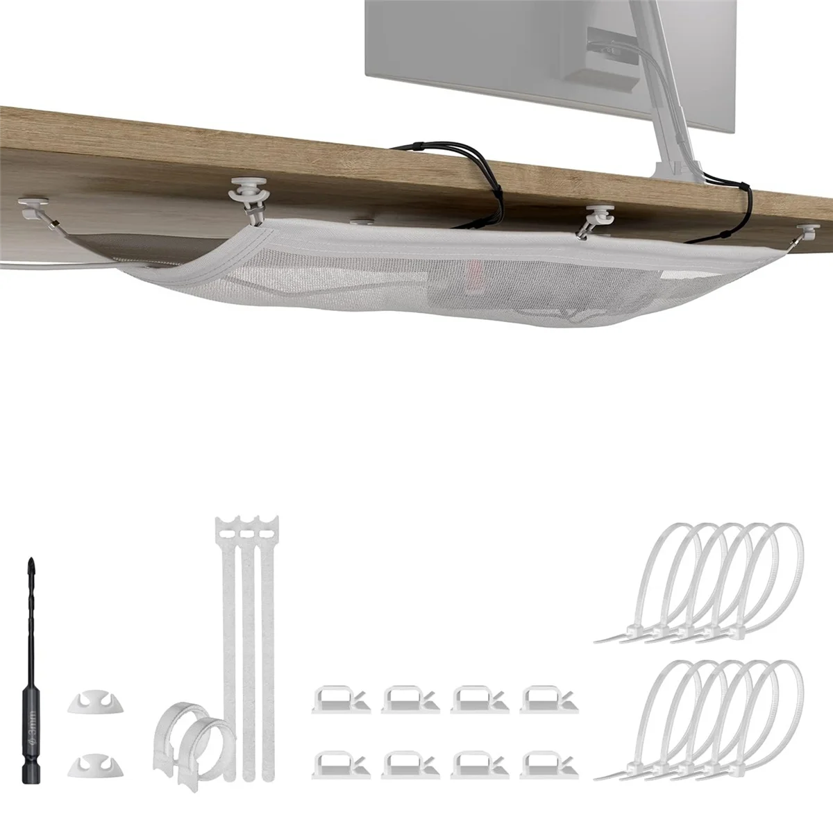 Cable Management Net-Under Desk Wire Management-Flexible Under Desk Cable Tray White A DY