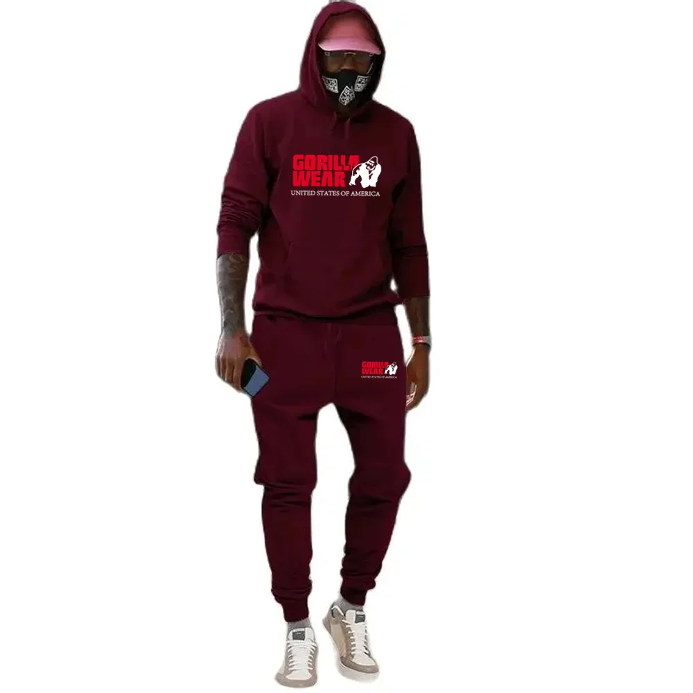 Autumn Winter Men's Sets Funny Graphics Gorilla Wear Printed Plus Fleece Fashion Hoody Men Hoodies Sweatshirts Sweatpants Suit 5