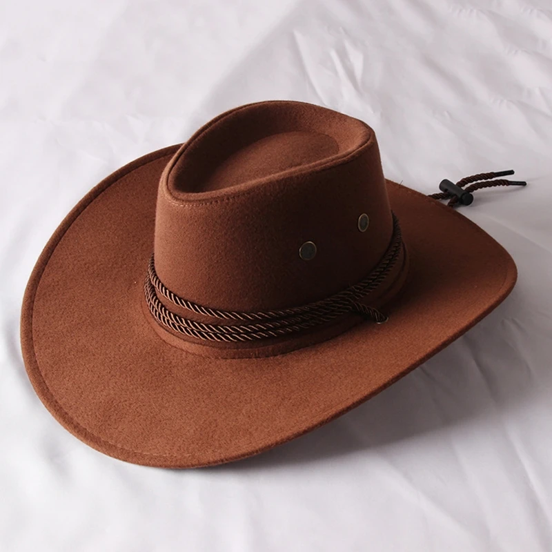  - Fashion Wide Brim Western Cowboy Hat with Windproof Rope Vintage Solid Color Jazz Hat All-match for Casual Vacation
