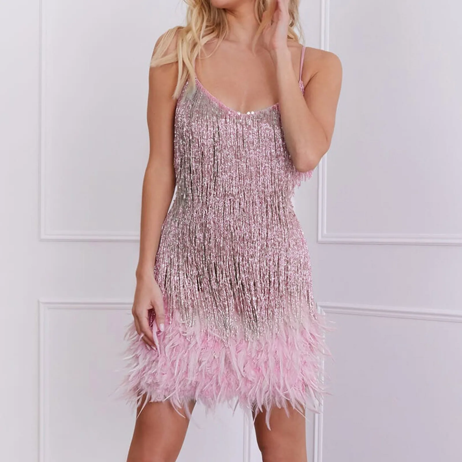 2024 New Sexy Tassel Sequins Feather Mini Dress Women Spaghetti Strap Stitching Dresses Female Elegant Evening Party Club Dress