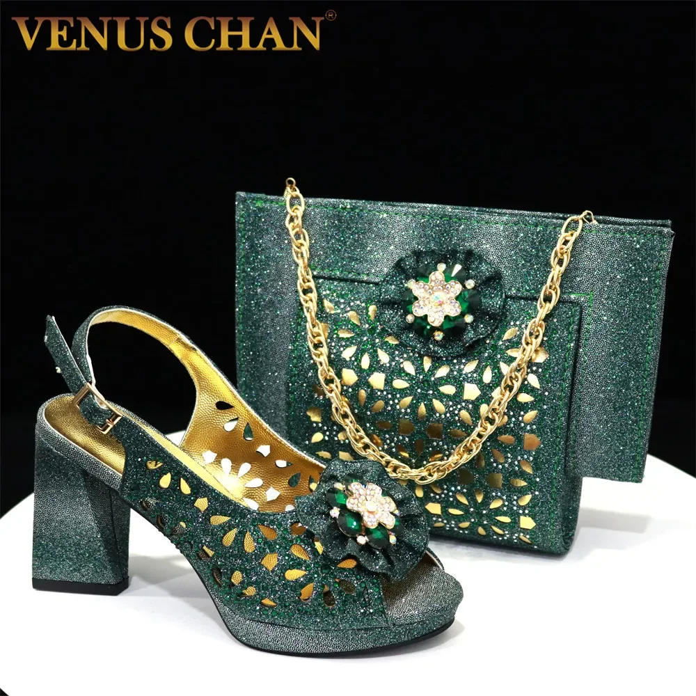

0Newest Green Color Cutout Pumps High Heels Decorated with Rhinestone Flower Design Party Women's Shoes and Bags Set