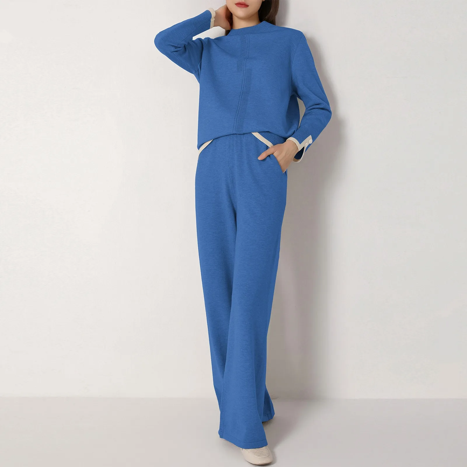 

Женский трикотажный комплект из 2 предметов, Свободный пуловер, вязаный свитер, топы и длинные брюки, повседневные комплекты для отдыха, уличные спортивные костюмы