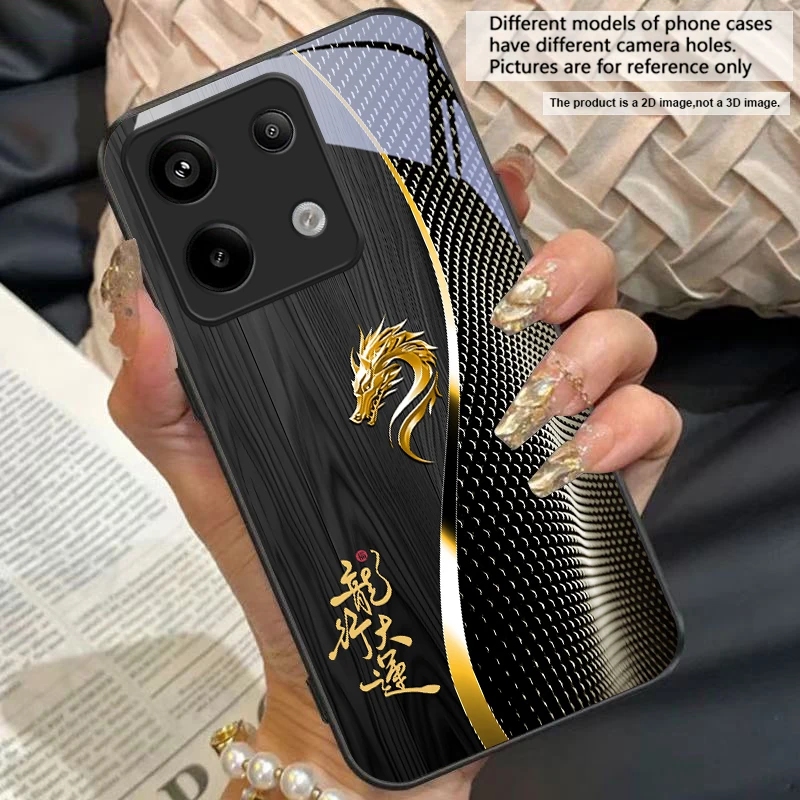 Elegant Black Tempered Glass Phone Case with Traditional Dragon Totem Design