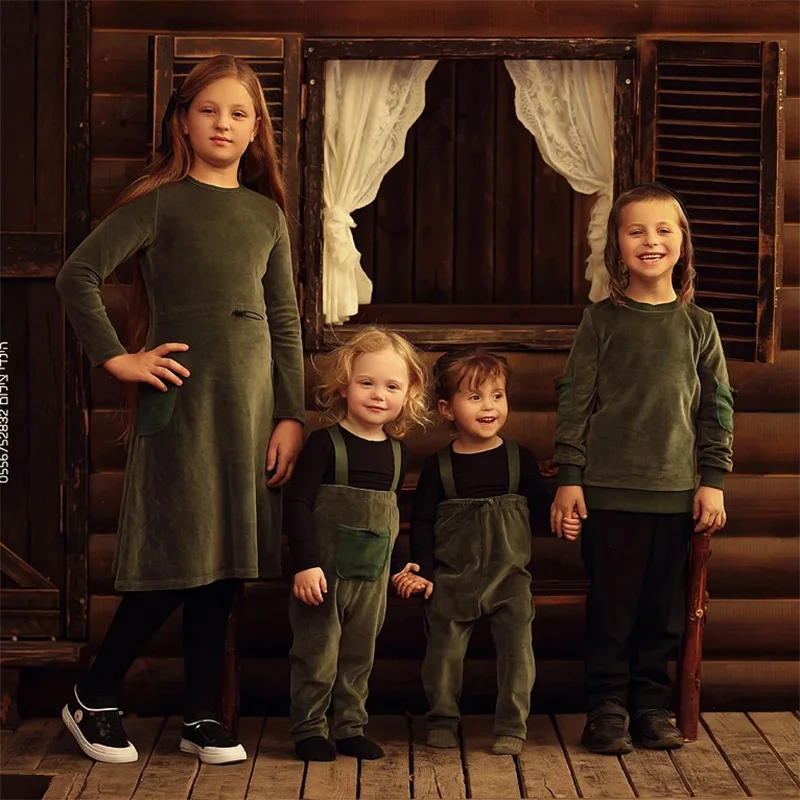 Kids Outfits Children Overalls Pants Velour set with polar fleece pocket family clothing dress top and romper overall suspender children