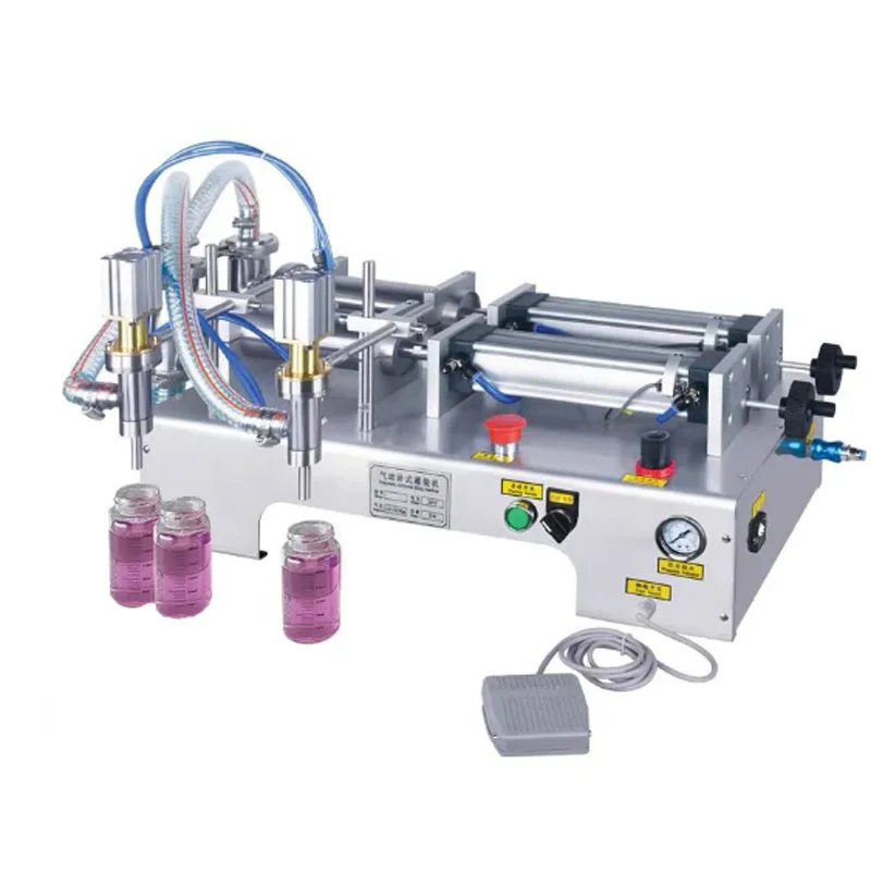 

Pneumatic Liquid Filling Machine Double Heads Semi Automatic Shampoo Juice Milk Edible Plastic Oil Bottle Piston Filler