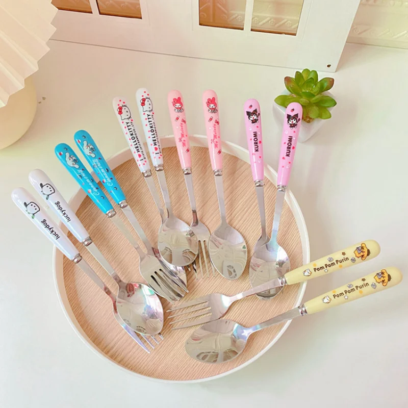 

Sanrio My Melody Cinnamoroll Kuromi Hello Kitty Spoon Fork Dinnerware Sets Portable Travel Stainless Steel Cutlery Set Tableware