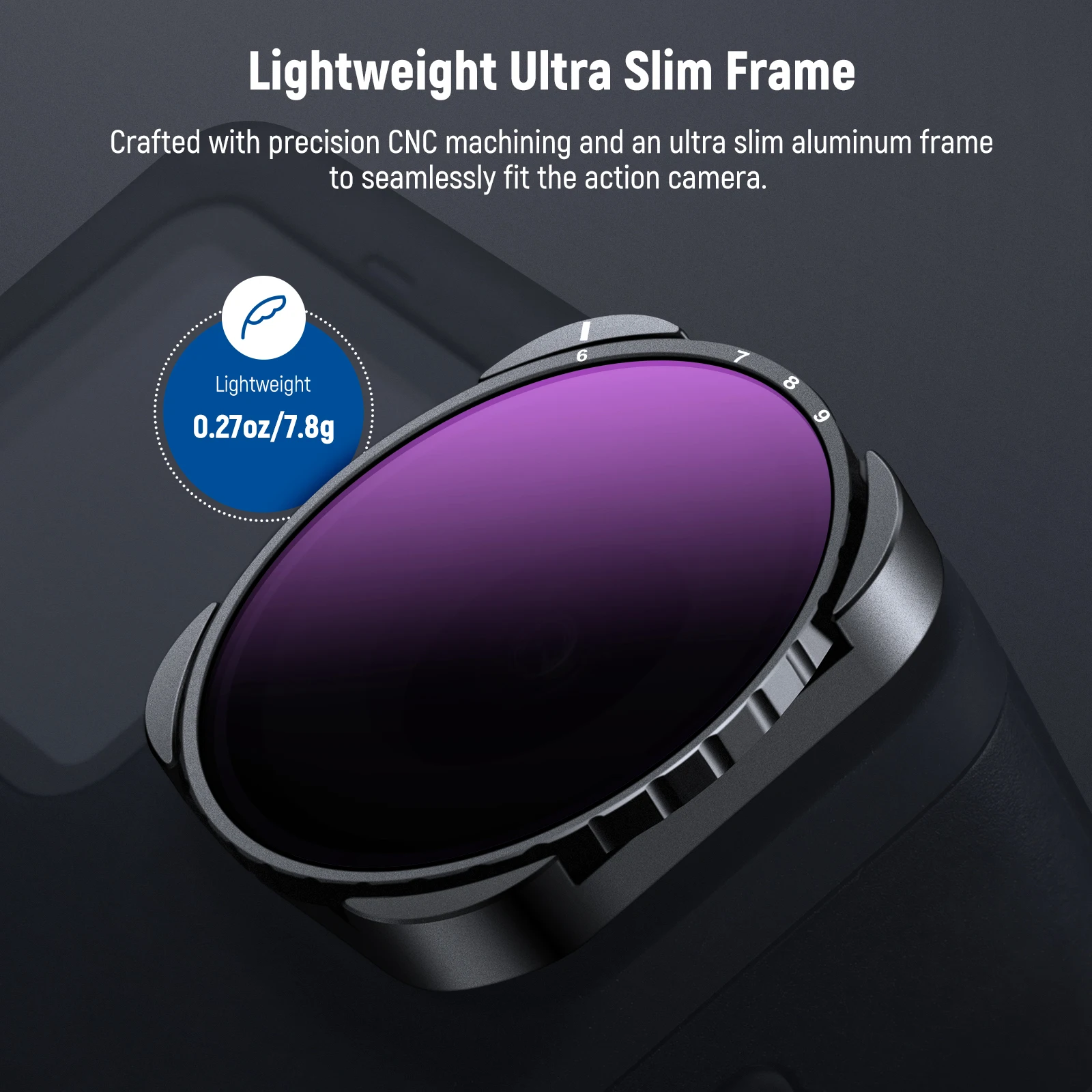 Gros plan sur le filtre ND variable pour GoPro 9 10 11 12, montrant les graduations ND4-ND32 et ND64-ND512.