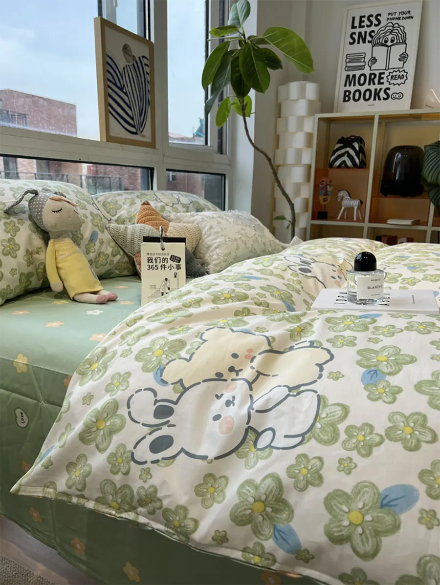 

Cute cartton rabbit bear green bedding set kid child teen,cotton twin full queen home textile flat sheet pillow case duvet cover