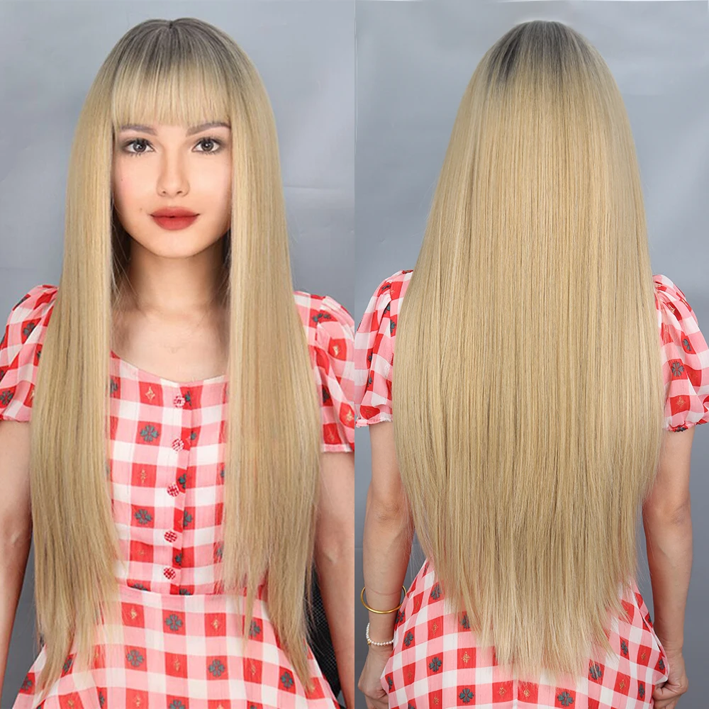 Long Light Blonde Synthetic Wigs With Bangs Blonde Hair Wig For Women Middle Part Cosplay Natural Hair Heat Resistant