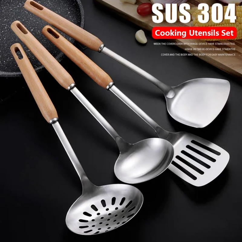 

4pcs Cooking Utensils Set 304 Stainless Steel Skimmer Slotted Spoon Wok Turners Soup Ladle Spatula Turner Kitchen Cookware