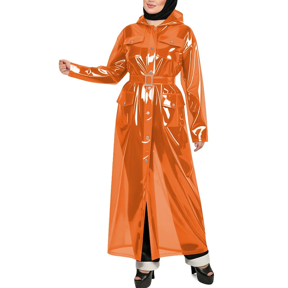 Transparent PVC Plastic Long Trench Coat for Womens Long Sleeves Hooded See Through Rocket Coat Tops Plus Size Club Party Trench