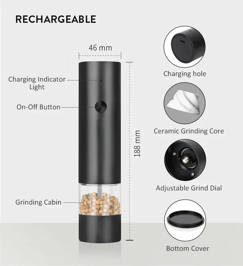 Xiaomi USB Rechargeable Electric Salt and Pepper Grinder Adjustable Coarseness Large Capacity Auto Spice Grinder