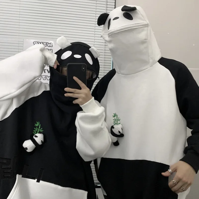 Autumn Panda Doll Embroidery Hoodies Couples Loose Casual Kawaii Plush Pullovers 2024 Indie Fashion Y2k Sweatshirts Oversized