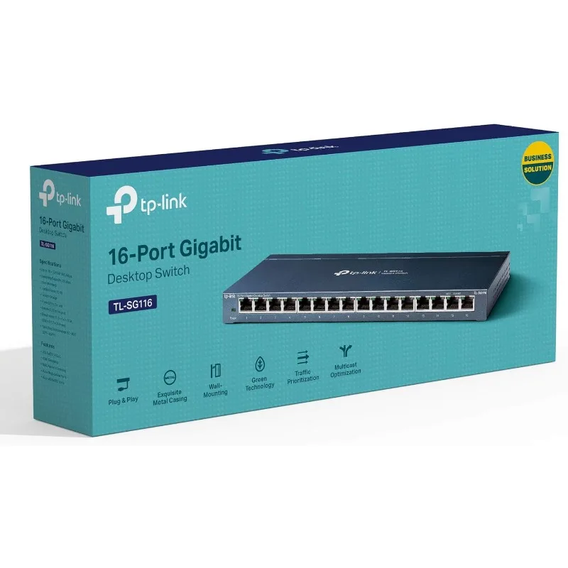 16 Port Gigabit Ethernet Network Switch, Desktop/ Wall-Mount, Fanless, Sturdy Metal w/ Shielded Ports, Traffic 6