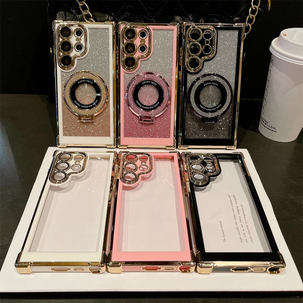 Luxury Magnetic Folding Bracket Shiny Case with Ring Holder Stand and Gradient Shockproof Design