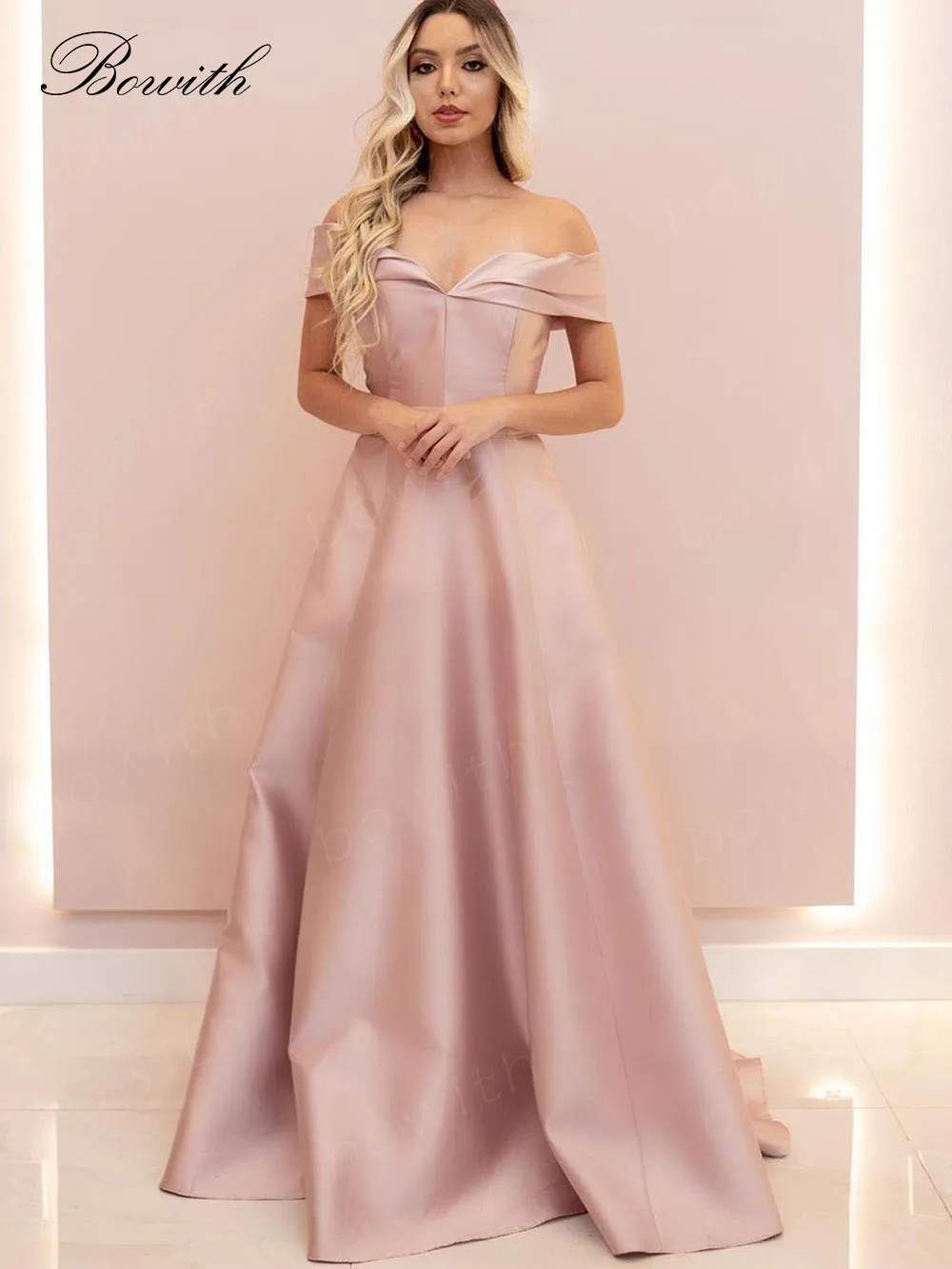 

Bowith Blush Off Shoulder Evening Party Dresses A Line Elegant Satin Prom Dresses High Slit Formal Occasion Dress robe de soiree