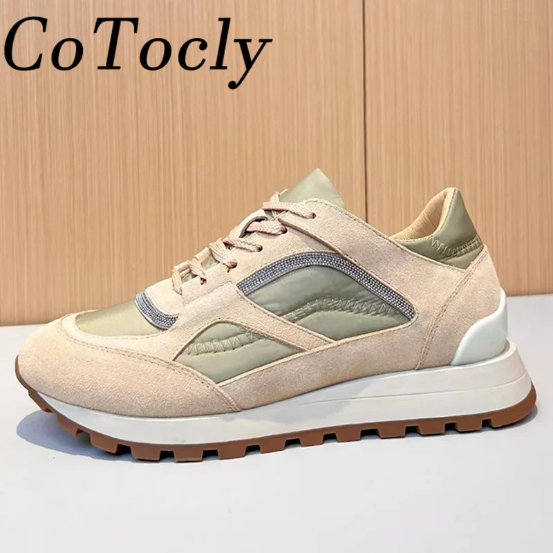 

Thick Sole Sneakers Women Cow Suede Patchwork Outdoors Running Shoes Round Toe Beaded Casual Comfort Flat Sports Shoes Woman